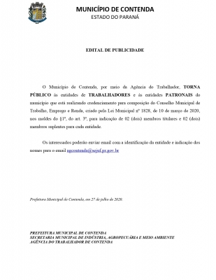 EDITAL DE PUBLICIDADE - FORMAÇÃO DO CONSELHO MUNICIPAL DE TRABALHO, EMPREGO E RENDA