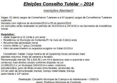 Inscrições Abertas - Eleição do Conselho Tutelar 2014
