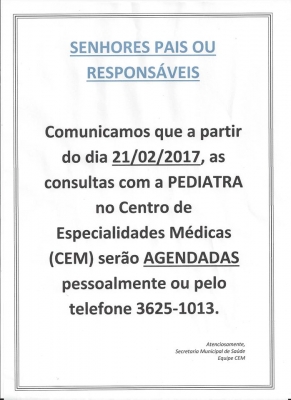 Consulta com pediatra passa a ser agendada no Centro de Especialidades Médicas - CEM
