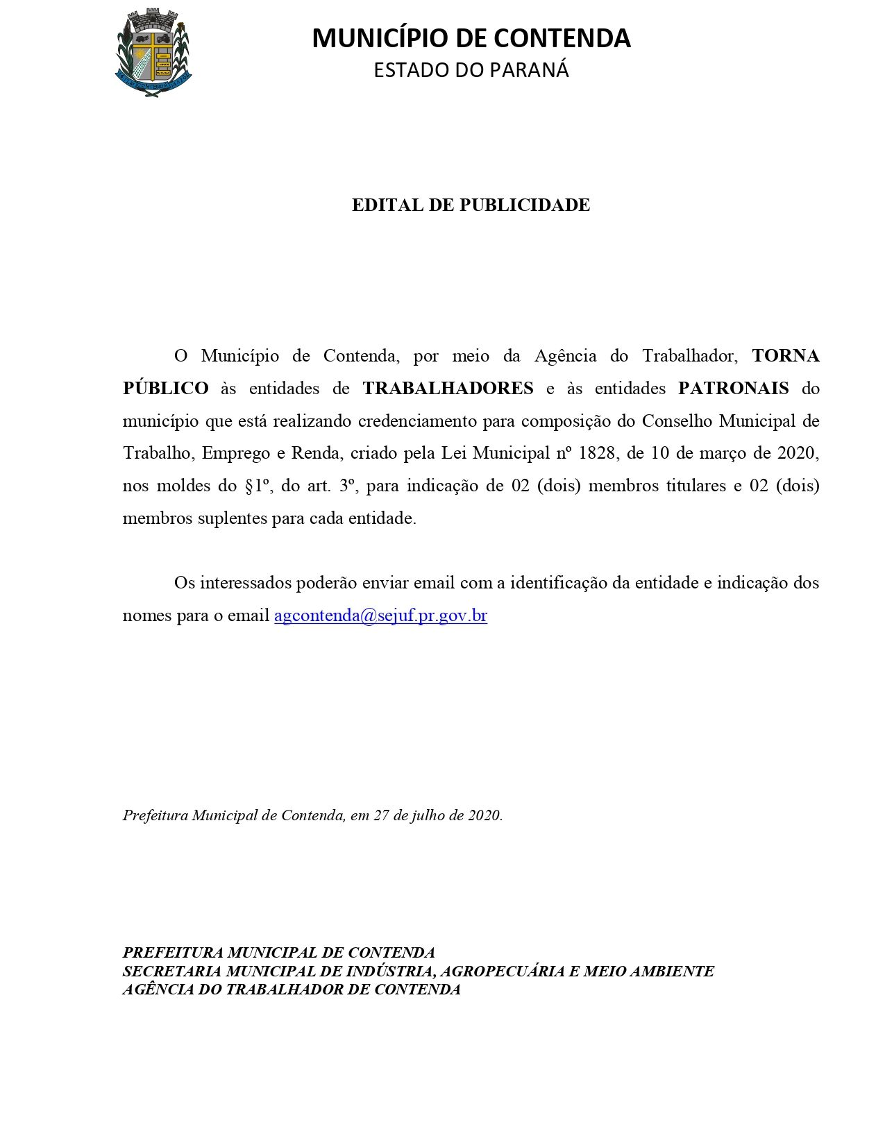EDITAL DE PUBLICIDADE - FORMAÇÃO DO CONSELHO MUNICIPAL DE TRABALHO, EMPREGO E RENDA