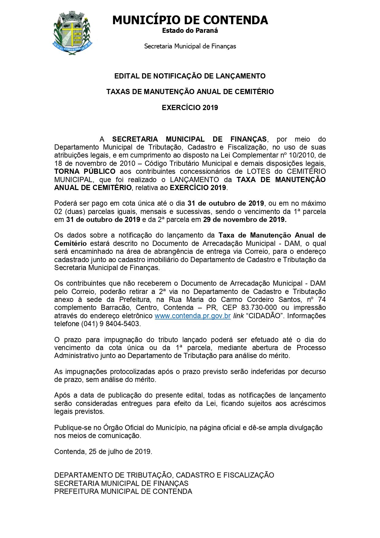 EDITAL DE NOTIFICAÇÃO DE LANÇAMENTO TAXA DE MANUTENÇÃO DO CEMITÉRIO 2019