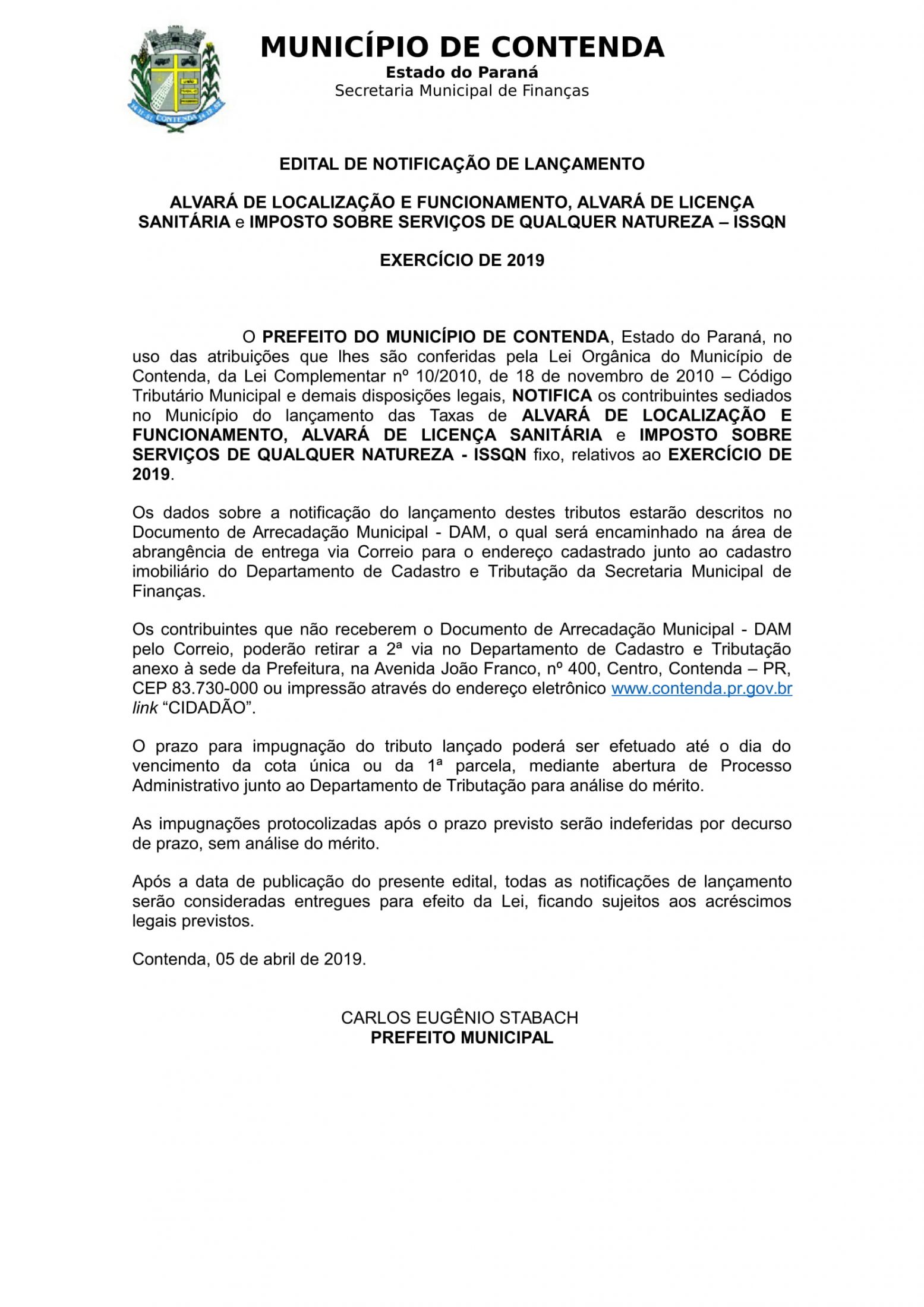 EDITAL DE NOTIFICAÇÃO - LANÇAMENTO ALVARÁ ISSQN 2019