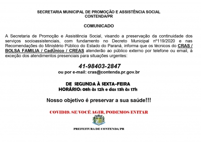 COMUNICADO ATENDIMENTO SECRETARIA DE PROMOÇÃO E ASSISTÊNCIA SOCIAL