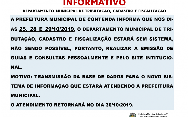 Prefeitura alerta para a indisponibilidade do sistema tributário nos dias 25, 28 e 29/10