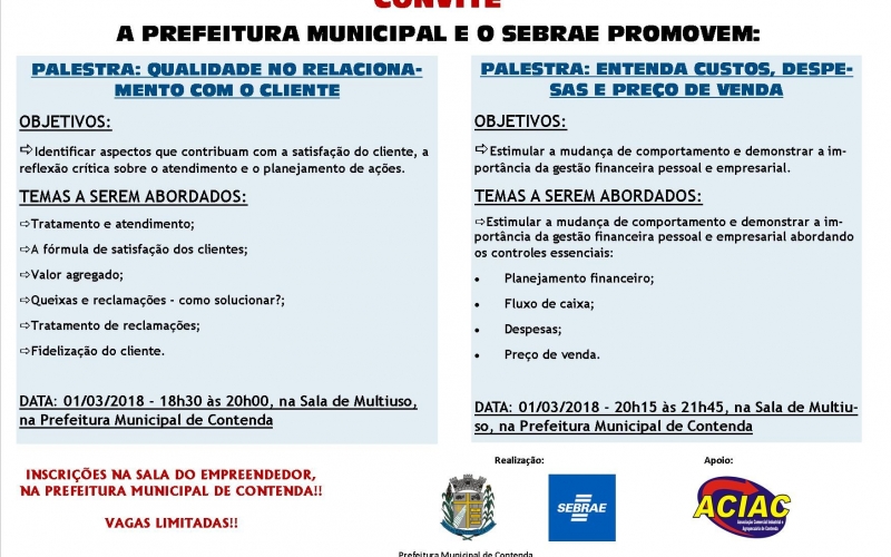 PREFEITURA MUNICIPAL E SEBRAE IRÃO PROMOVER PALESTRA