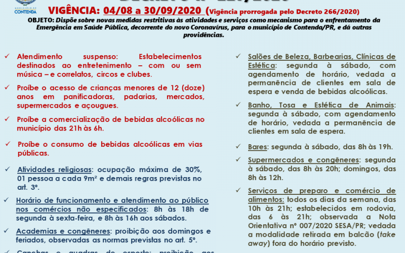 PRORROGADAS AS MEDIDAS DE RESTRIÇÃO PARA O ENFRENTAMENTO DA PANDEMIA COVID19 ATÉ O DIA 30/09