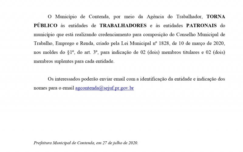 EDITAL DE PUBLICIDADE - FORMAÇÃO DO CONSELHO MUNICIPAL DE TRABALHO, EMPREGO E RENDA