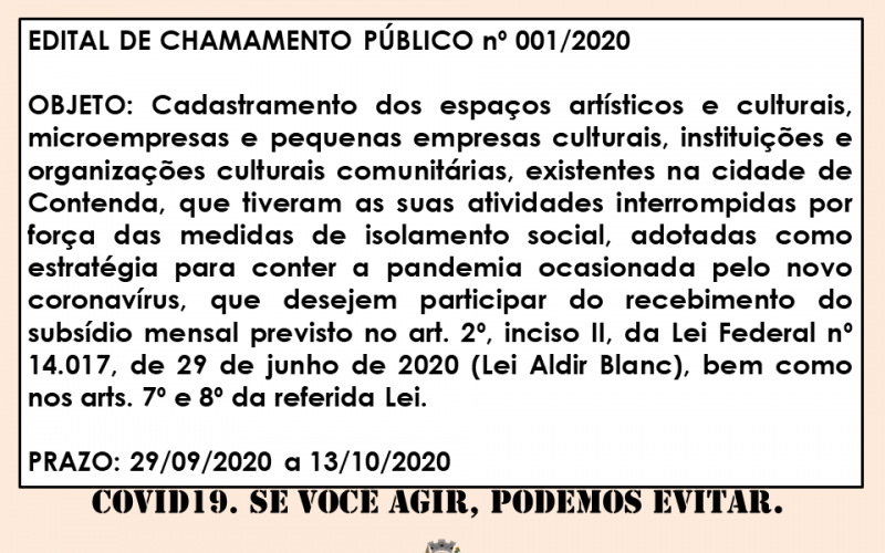 EDITAL DE CHAMAMENTO 001/2020, PARA CADASTRAMENTO DE INTERESSADOS AO RECEBIMENTO DO SUBSÍDIO MENSAL PREVISTO NA LEI ALDI