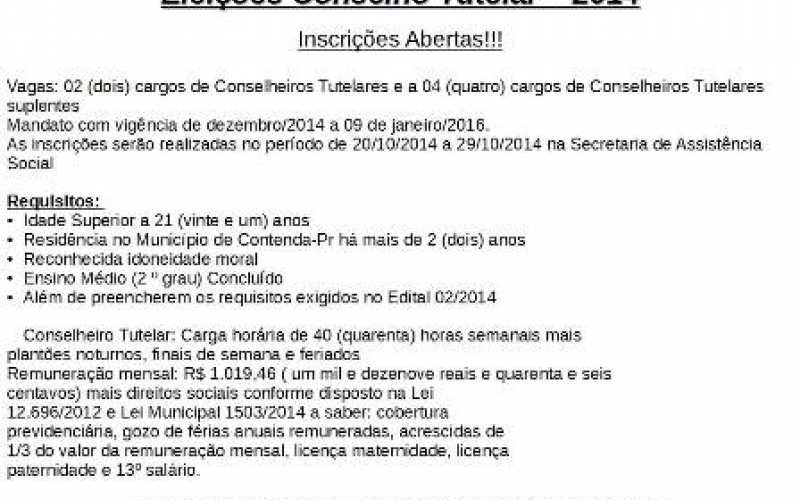 Inscrições Abertas - Eleição do Conselho Tutelar 2014
