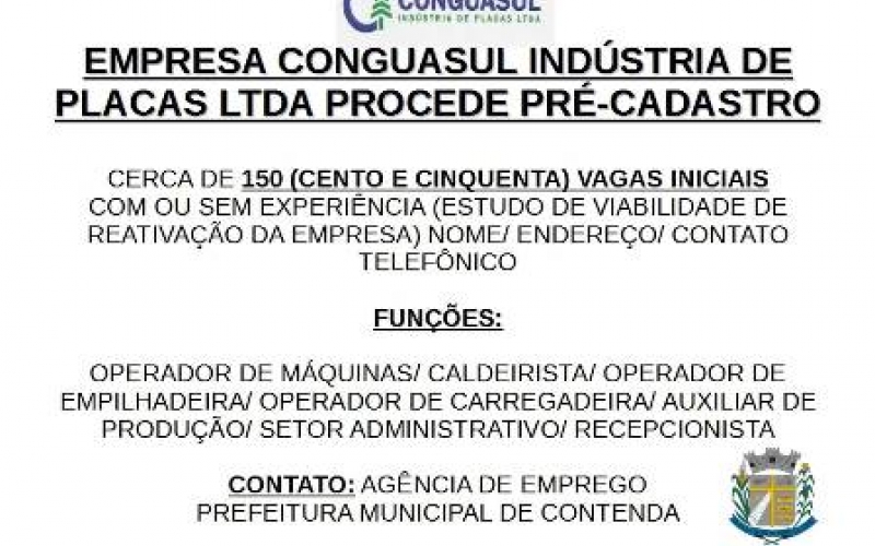 Empresa Conguasul faz Pré-Cadastro de 150 Vagas de Emprego